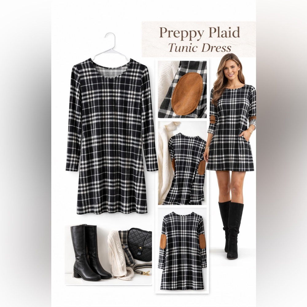 Plaid Tunic Knit Dress Elbow Patch Long Sleeve Preppy academia lightweight Dress